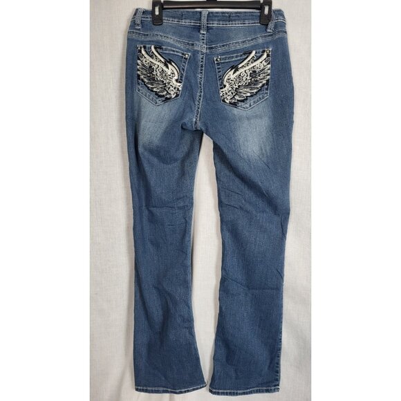 (2) Rockin Denim Jeans Womens (6) Bootcut Stretch Cowgirl Wing Embroidery Bling - Picture 14 of 15